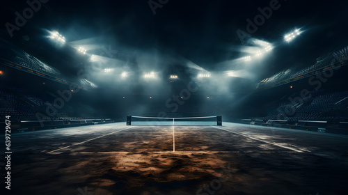 arafed tennis court with lights and a net in the middle Generative AI