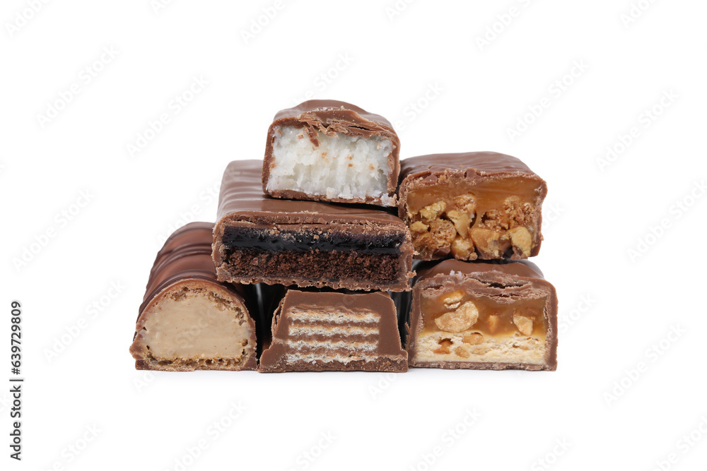 Pieces of different tasty chocolate bars on white background Pieces of different tasty chocolate bars on white background