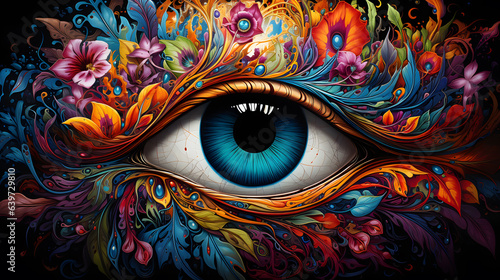 brightly colored eye with floral design on black background Generative AI