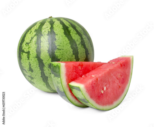 Delicious cut and whole ripe watermelons on white background