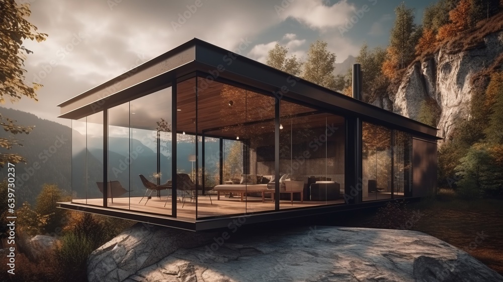 Obraz premium Modern exterior of a luxury villa in mountain. Created with Generative AI technology.