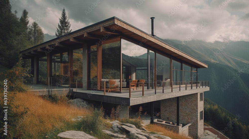Modern exterior of a luxury villa in mountain. Created with Generative AI technology. Modern exterior of a luxury villa in mountain. Created with Generative AI technology.