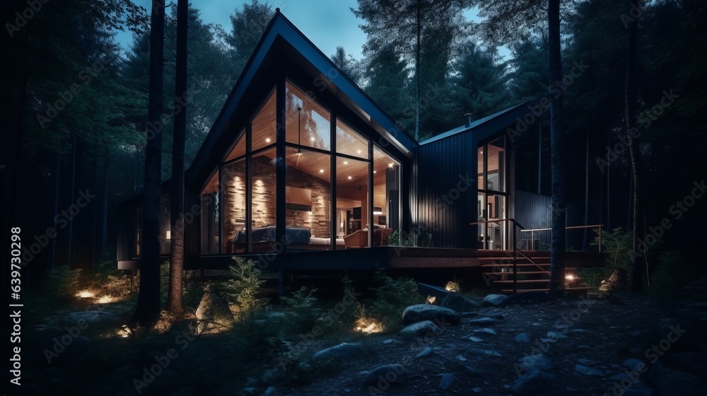 Modern exterior of a luxury villa in mountain. Created with Generative AI technology.