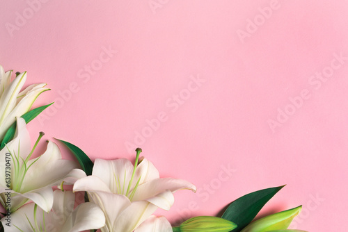 Beautiful white lily flowers on pink background, flat lay. Space for text