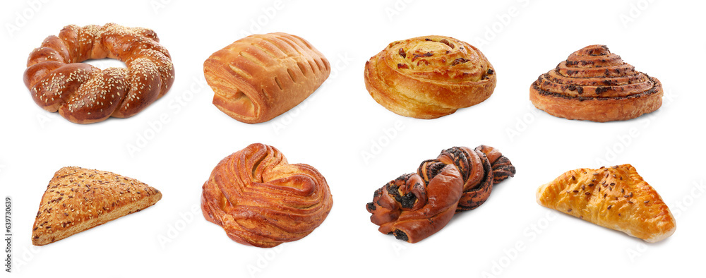 Set with different freshly baked pastries isolated on white Set with different freshly baked pastries isolated on white