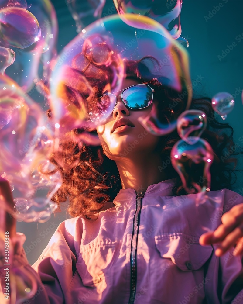 Fototapeta premium Iridescent Chic: Stylish Model Amidst Soap Bubbles