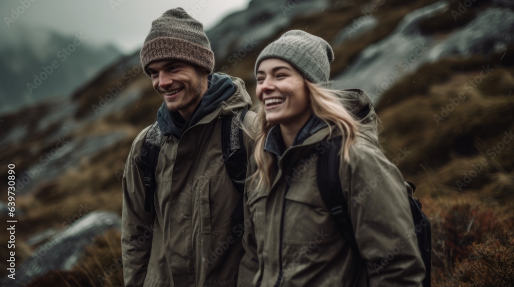 Smiling couple walk outside in mountains. Created with Generative AI technology.