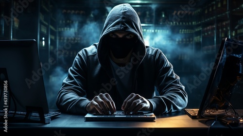 A hooded person using a laptop representing cyber security or a hacker. Generative AI. 