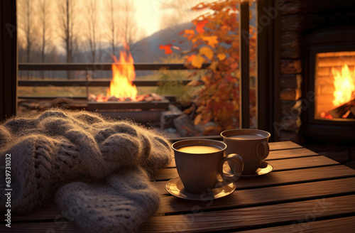 Two mugs of coffee by the fireplace, cozy autumn evening