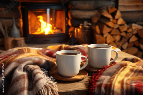 Two mugs of coffee by the fireplace, cozy autumn evening 