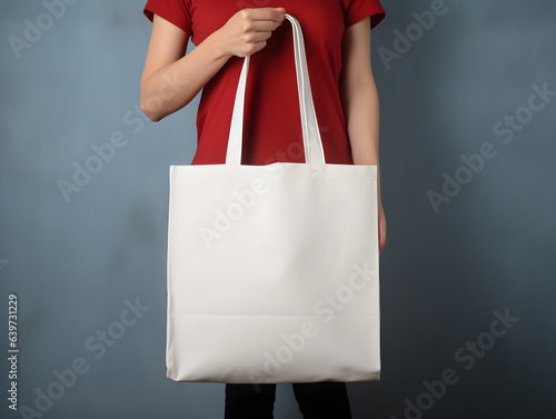 Man holding white blank tote bag for mockup template. Design tote bag mock-up, print presentation mock-up. AI generated.