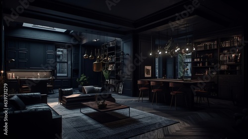 Dark kitchen interior design. Created with Generative AI technology. © IC Production