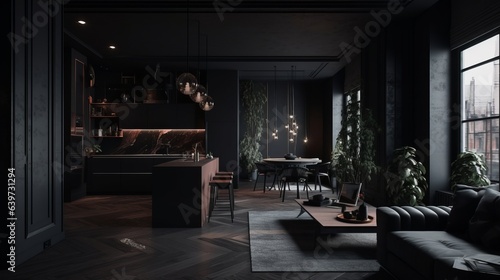 Dark kitchen interior design. Created with Generative AI technology.