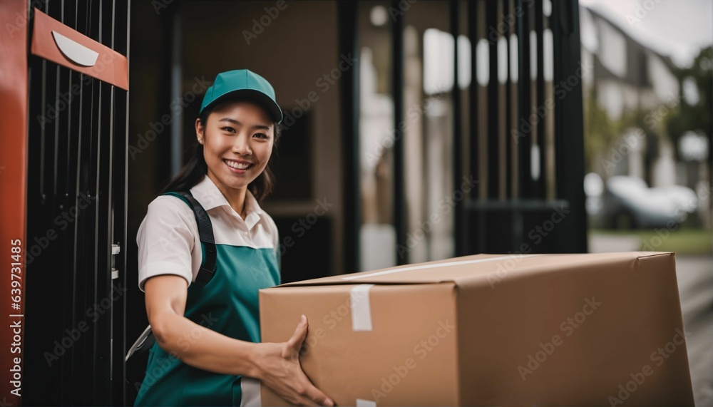 Smiling Asian postman with parcel - cardboard box, young woman delivers, online store delivery, close-up Smiling Asian postman with parcel - cardboard box, young woman delivers, online store delivery, close-up