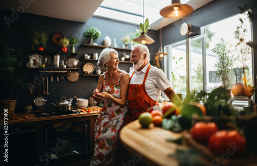 Elderly couple cooking in a kitchen, Beautiful playful senior couple in aprons dancing and smiling while preparing healthy dinner at home, happy retirement 