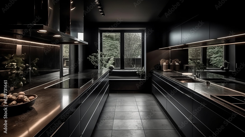 Dark kitchen interior design. Created with Generative AI technology. Dark kitchen interior design. Created with Generative AI technology.