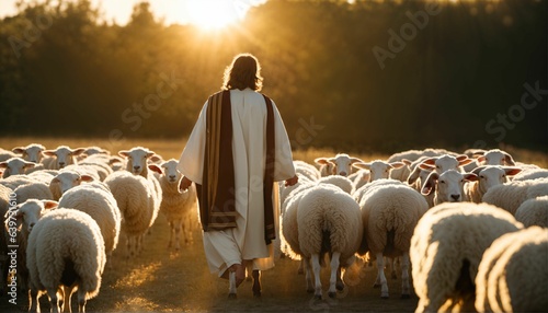 Fotografia Bright sunlight shines on shepherd Jesus Christ leading sheep and praying to God