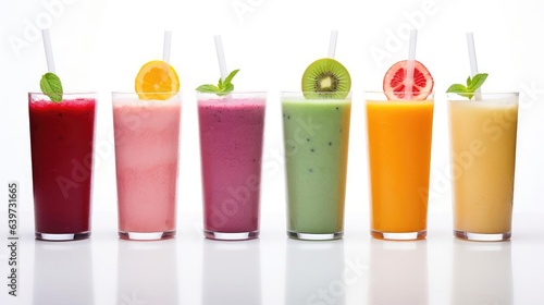 Assorted fruit juices or smoothies on white background