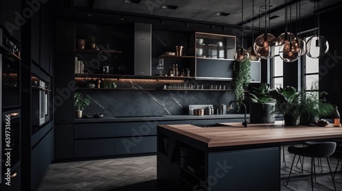Dark kitchen interior design. Created with Generative AI technology.