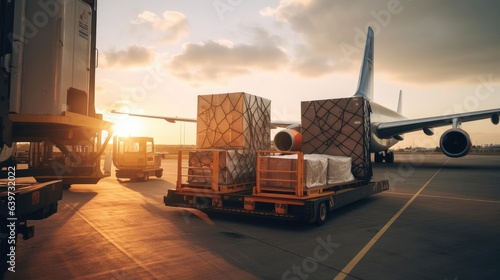 Commercial cargo air freight airplane loaded at airport in the evening