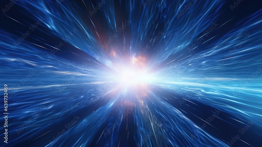 A 3D render of an irregularly shaped hyperspace tunnel, radiating energy and light. Bright stars illuminate the blue explosion, creating a futuristic concept of contorted space
