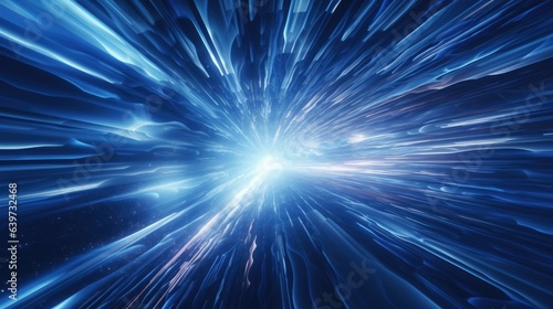 A 3D render of an irregularly shaped hyperspace tunnel  radiating energy and light. Bright stars illuminate the blue explosion  creating a futuristic concept of contorted space