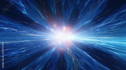 A 3D render of an irregularly shaped hyperspace tunnel, radiating energy and light. Bright stars illuminate the blue explosion, creating a futuristic concept of contorted space