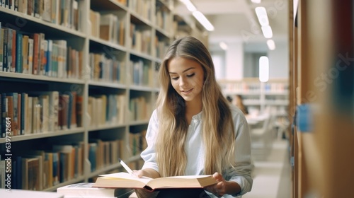 Intelligence young student holding a book and sitting on floor next to bookshelve in a university campus library