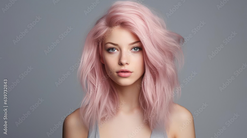 young female model with pink hair standing in front of grey studio background young female model with pink hair standing in front of grey studio background