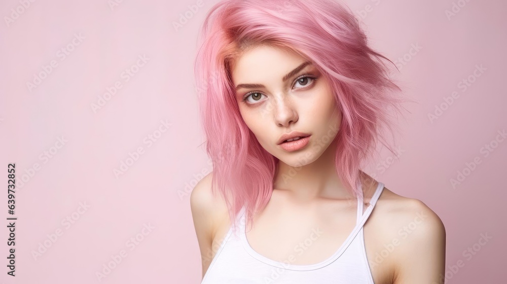 young female model with pink hair standing in front of pink studio background young female model with pink hair standing in front of pink studio background