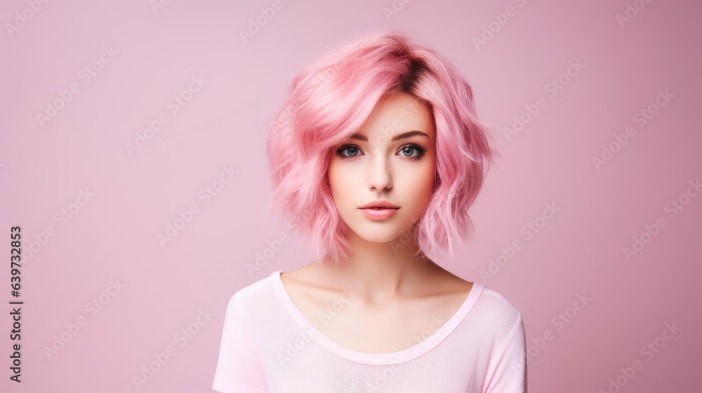 young female model with pink hair standing in front of pink studio background