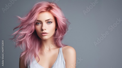 young female model with pink hair standing in front of grey studio background
