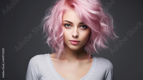 young female model with pink hair standing in front of grey studio background