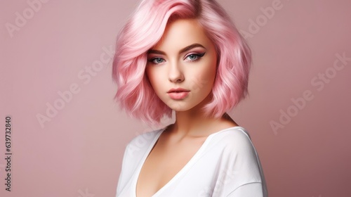 young female model with pink hair standing in front of pink studio background