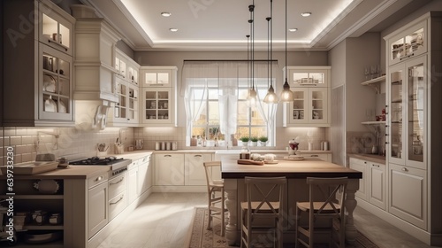 White kitchen interior design. Created with Generative AI technology. © IC Production