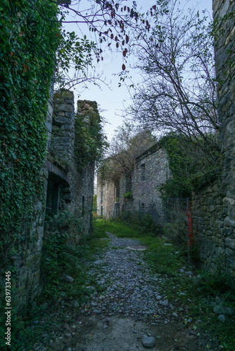 Small street of abandoned ruins of village Janovas in the Pyrenees mountains  Aragon  Huesca  Spain