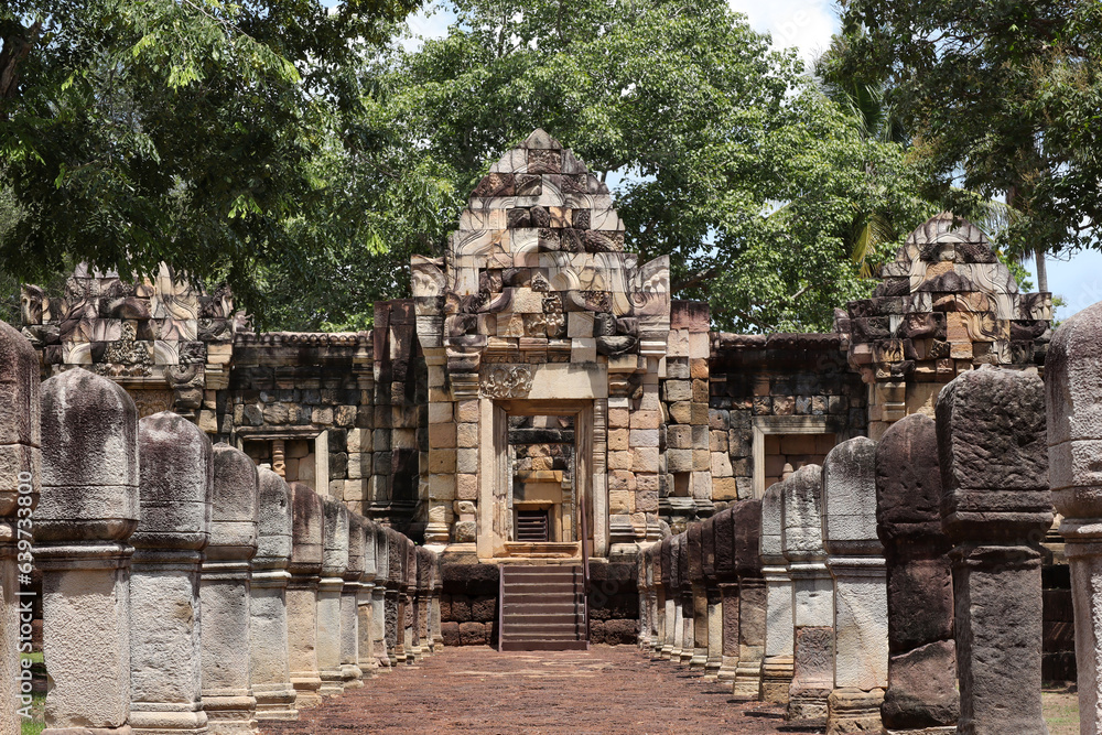 Beautiful landscape and ancient architecture of Prasat Sdok Kok Thom at Historical park in Sa Kaeo province ,Thailand