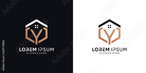 Letter y and house logo design vector illustration with hexagon concept