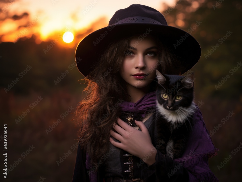 A woman wearing a hat holding a cat. Halloween.  Generative AI.