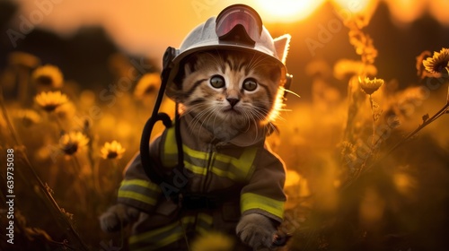 A small kitten wearing a fireman's outfit in a field. Generative AI.