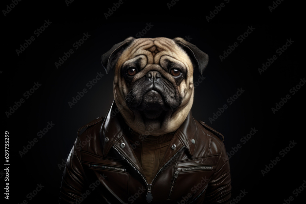 Portrait of a pug wearing a brown leather jacket on a black background