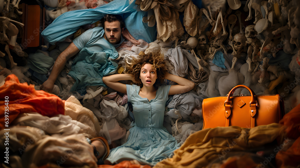 A lighthearted mess. A woman and man humorously lie beneath a pile of dirty laundry in their closet, only to reveal skeletons and a suitcase bag among their belonging