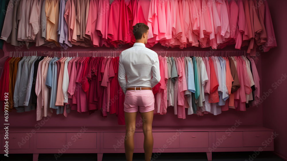 A gay man in pink shorts gazes at his wardrobe filled with pastel-colored shirts, capturing moments of introspection.