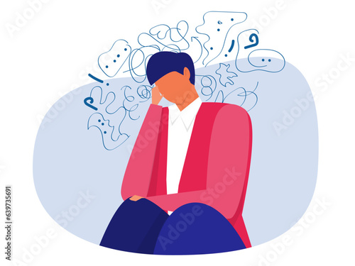 businessman suffers from obsessive thoughts; headache; unresolved issues; psychological trauma; depression.Mental stress panic mind disorder illustration Flat vector illustration.