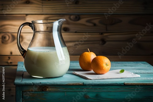 still life with jug of milk on wooden table  GENERATIVE AI photo