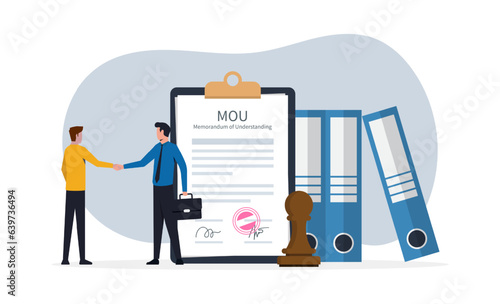 memorandum of understanding legal document with stamp seal concept, Businessman handshake on the contract papers after agreement