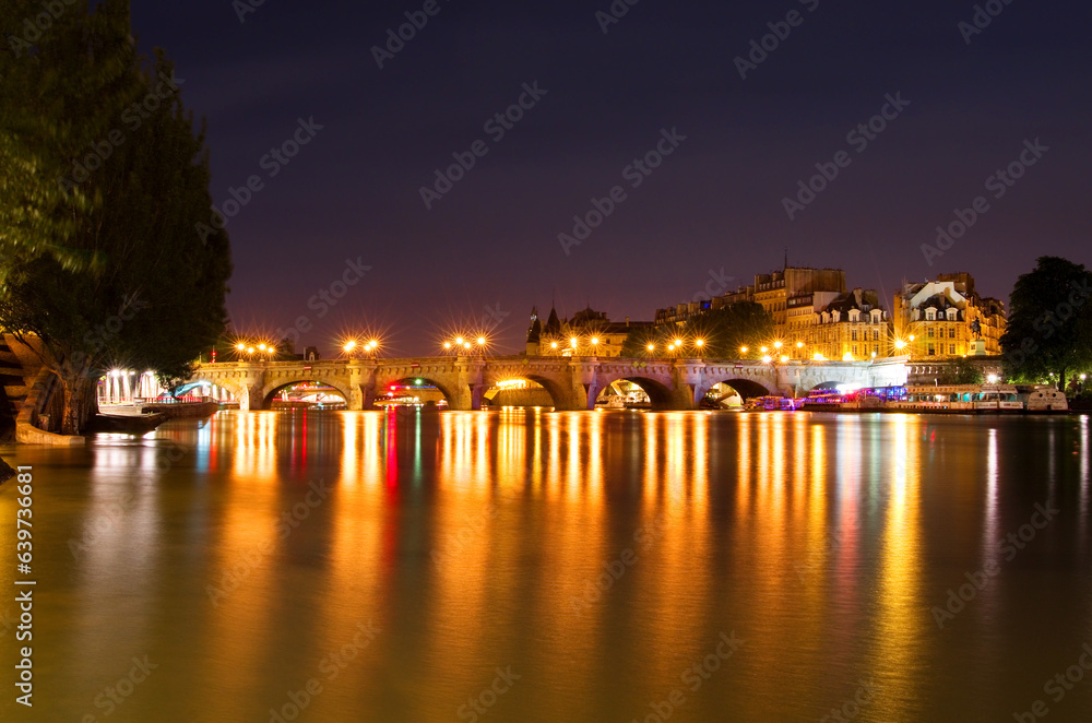 River Seine and Pont Neuf bridge at Night, Parius, France