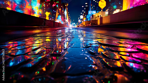街のネオンの光が反射する雨に濡れた道