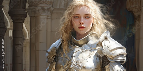 illustration of knight, blonde haired blue eyed gold and white armor, generative AI