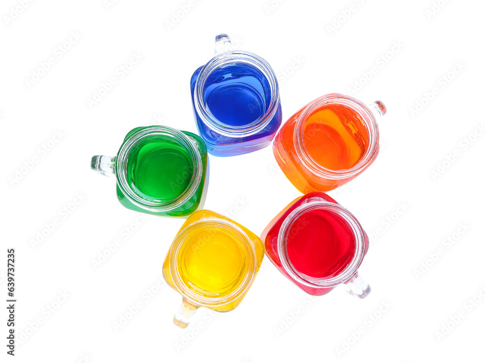 Different of delicious colourful drinks in transparent glass isolated on white background with clipping path. Colorful summer drinks. Top view Different of delicious colourful drinks in transparent glass isolated on white background with clipping path. Colorful summer drinks. Top view
